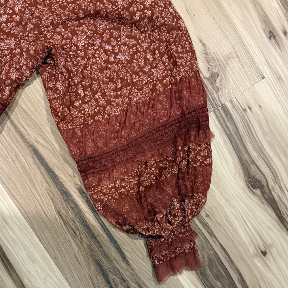 Anthropologie Burgundy Floral Ruffle Blouse - Picture 8 of 8